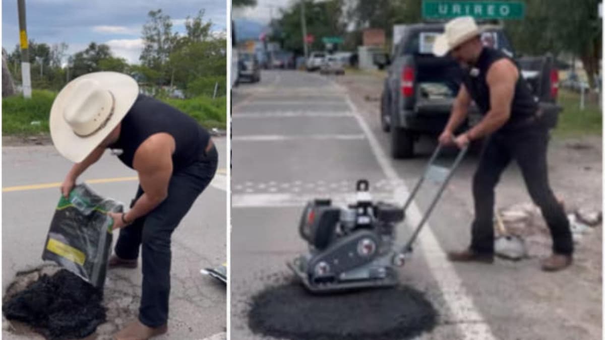 Video: Influencer Manuel Cantú "El Potro" tapa bache reportado por "Don Nico", heladero asesinado en Guanajuato