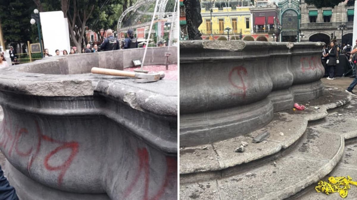 Multan a colectivos feministas con 150 mil pesos por vandalizar la fuente de San Miguel en el zócalo de Puebla
