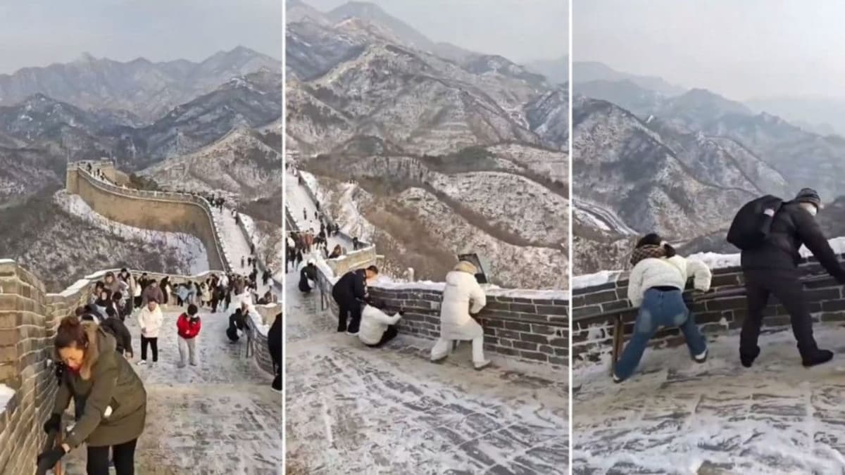 Video: Nevadas en China convirtieron a la Gran Muralla en un desafiante tobogán resbaladizo