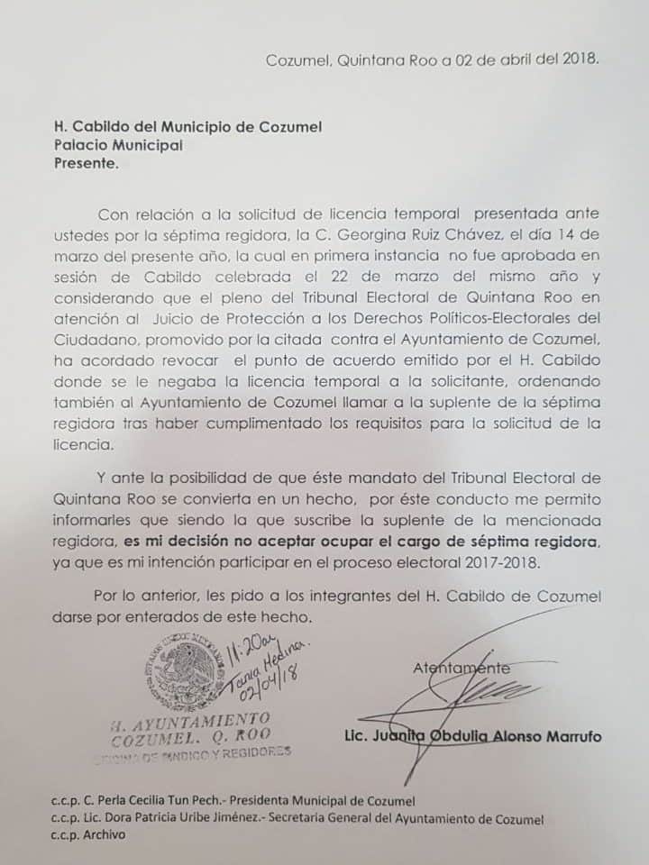 Confirma Juanita Alonso que no tomará protesta como regidora