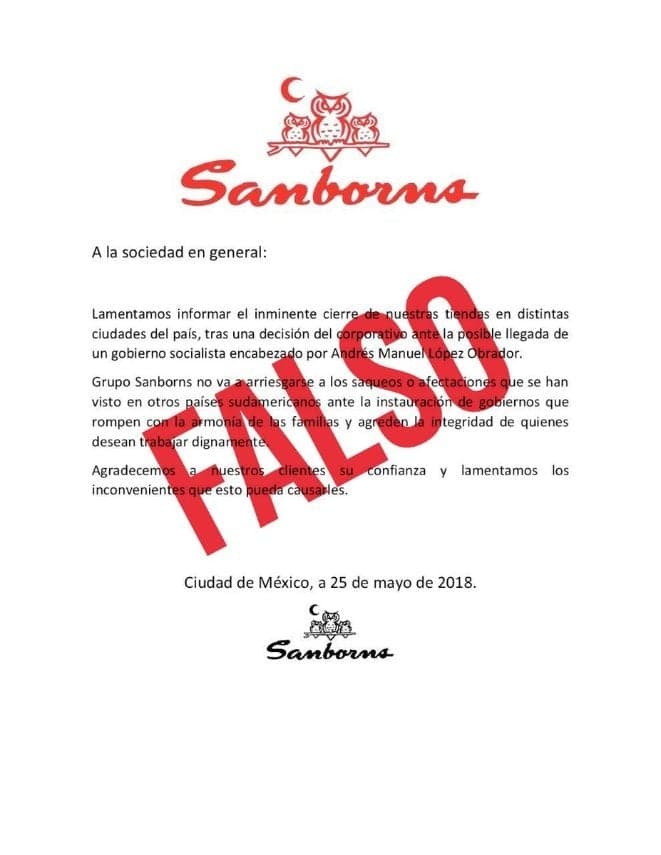 Sanborns desmiente hoax sobre supuesto cierre de tiendas por temor a victoria de AMLO