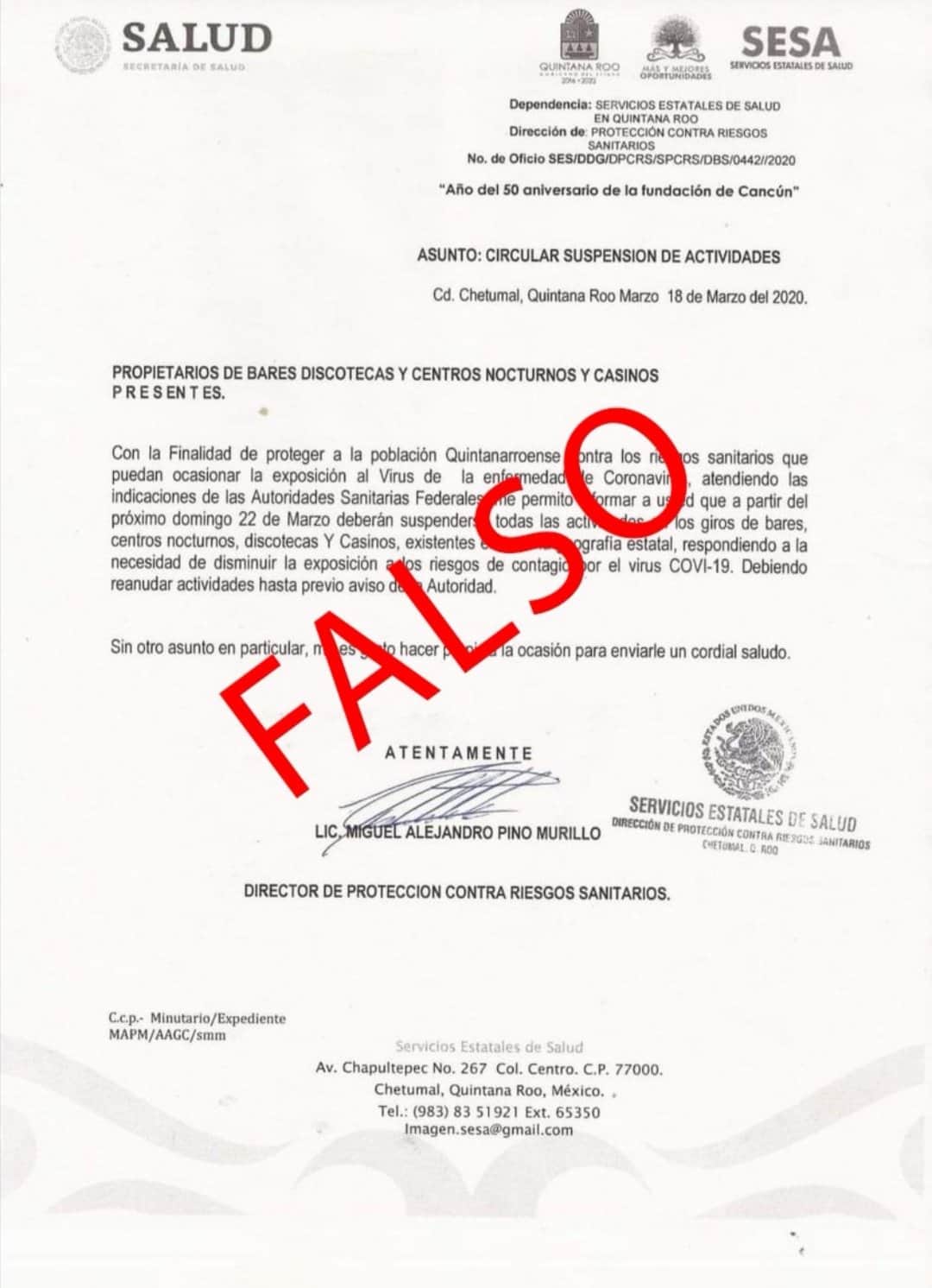 Circula FAKE sobre decreto de cierre de negocios por coronavirus