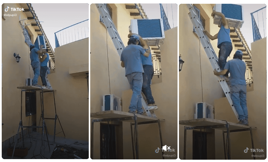 Video: Trabajadores sufren aparatosa caída al instalar un aire acondicionado y se viralizan