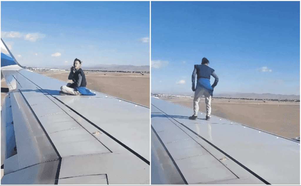 Video: Hombre se sube al ala de un avión justo antes despegar, cae y lo detienen