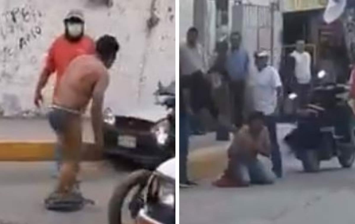 VIDEO: Pobladores golpean y desnudan a ladrón, luego lo hacen ir a la policía para que se entregue