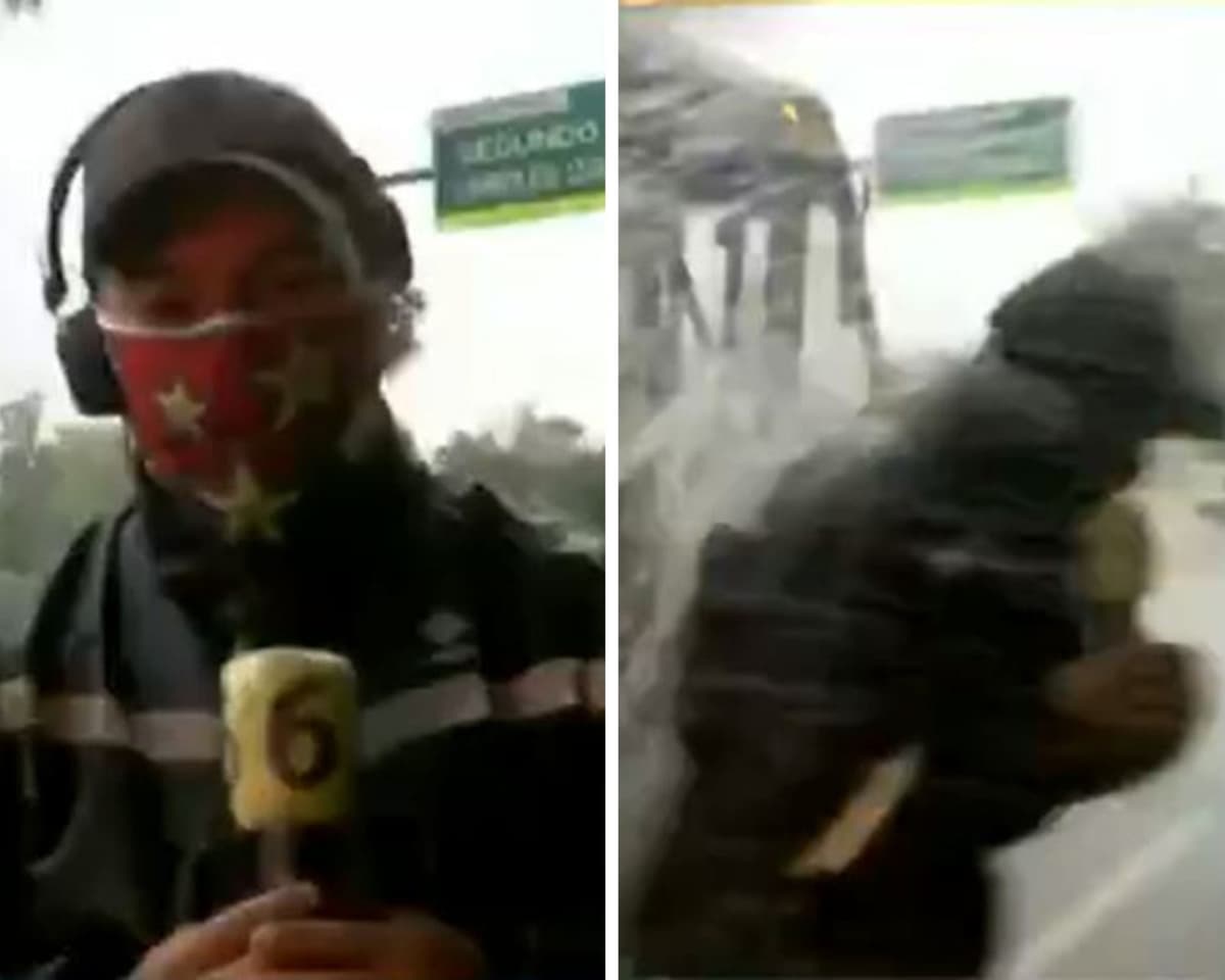 VIDEO: Camión de pasajeros baña a reportero durante una transmisión en vivo