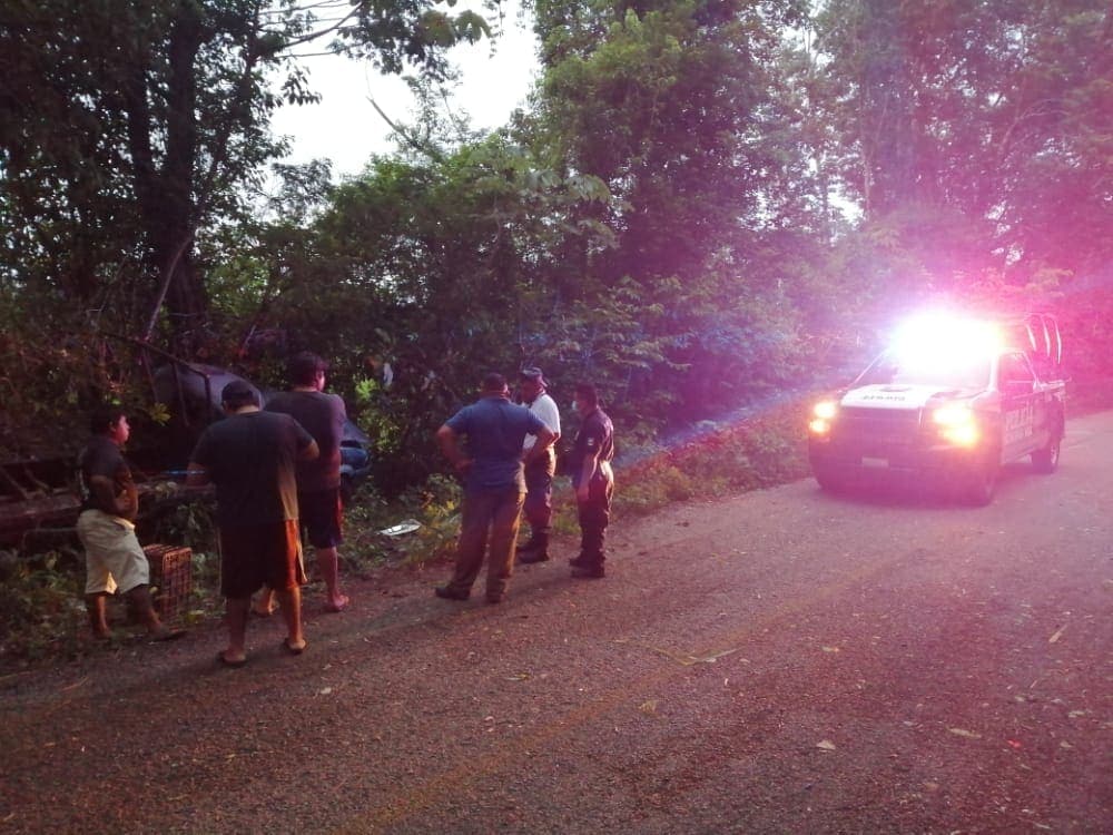 Camioneta 'de pollos' cae en bache y se sale del camino; su conductor la abandona