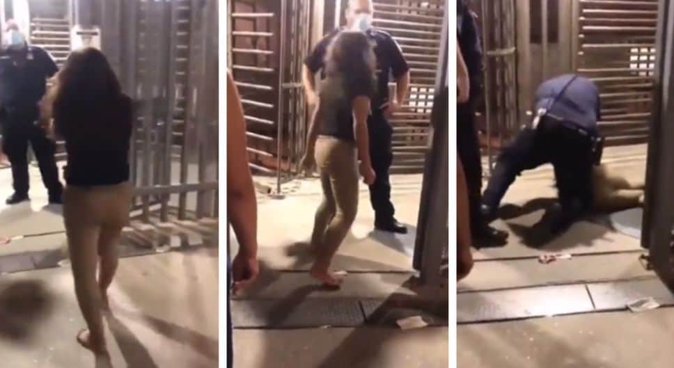 VIDEO: Mujer le escupe a un agente migratorio en Mexicali y termina en el suelo