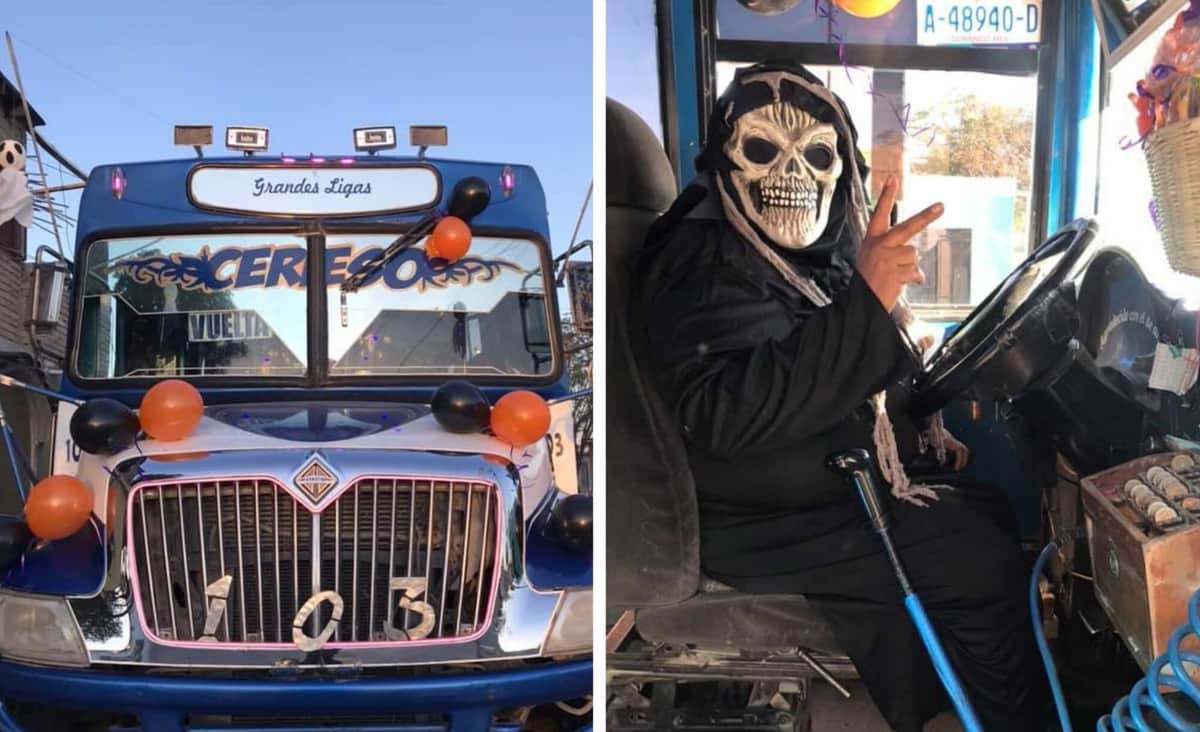 Chofer adorna su camión para Halloween y regala dulces para los niños