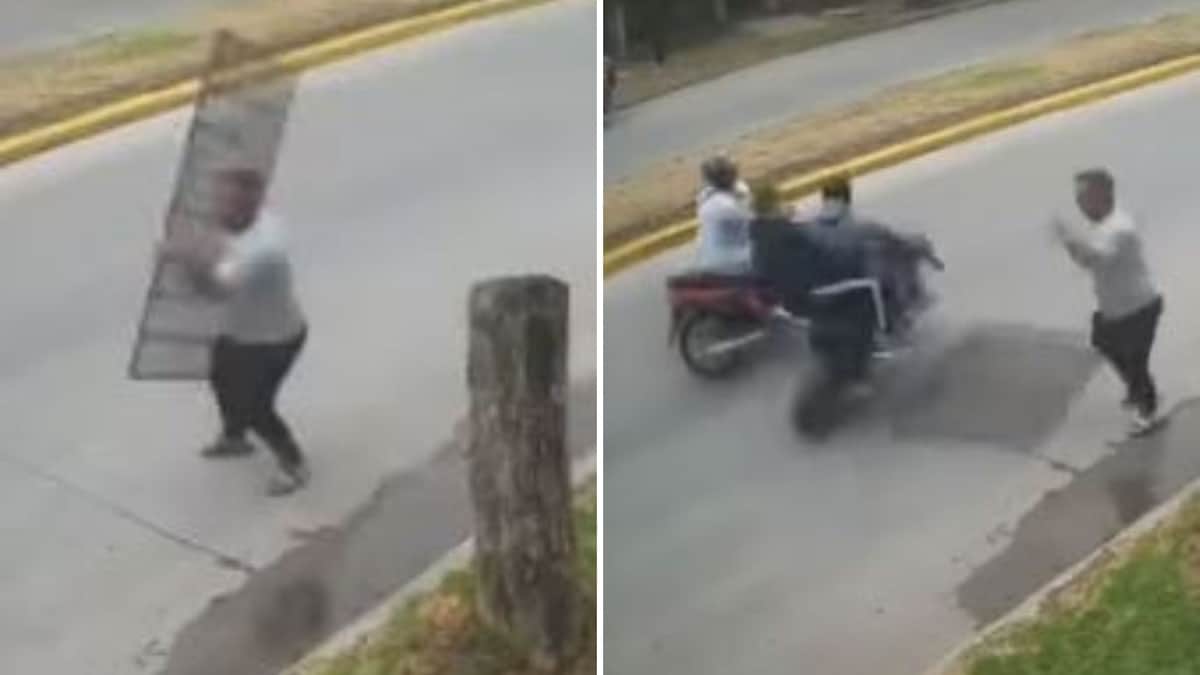 VIDEO: Hombre frustra asalto lanzando una reja de metal a ladrones en moto
