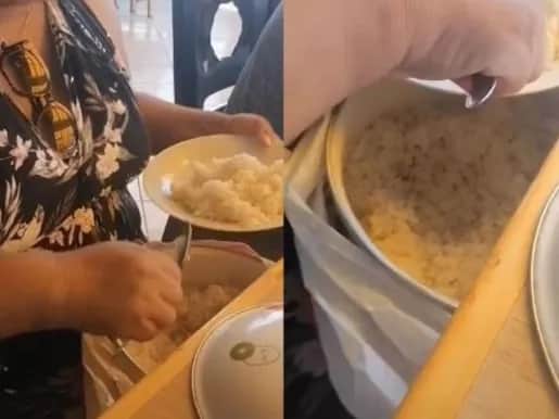 Invitó a su mamá a un restaurante y ella llevó una olla de arroz