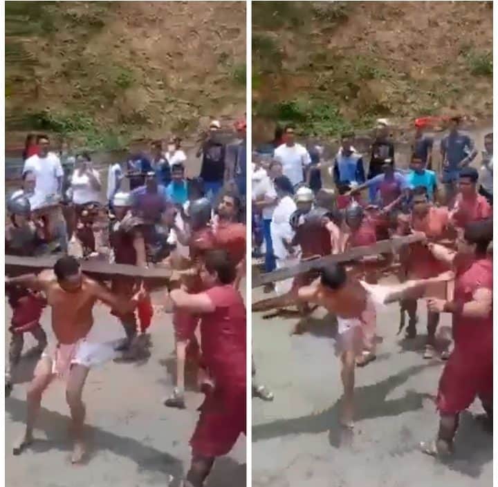 VIDEO: "Jesús" enfurece y suelta patadas contra soldados romanos en pleno viacrucis