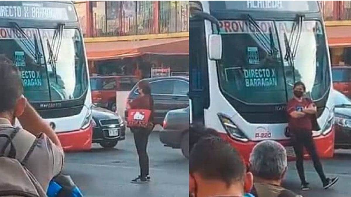 VIDEO: mujer bloqueó el paso a un camión que se negó a detenerse para subirla en Monterrey