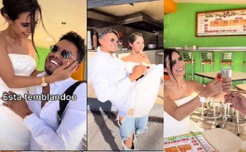 Video: Con vestido de novia, pide matrimonio a su novio en taquería