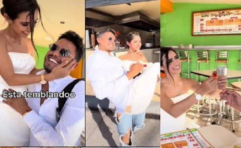 Video: Con vestido de novia, pide matrimonio a su novio en taquería