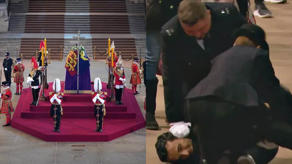 Hombre toca el féretro de la reina Isabel II y es sometido