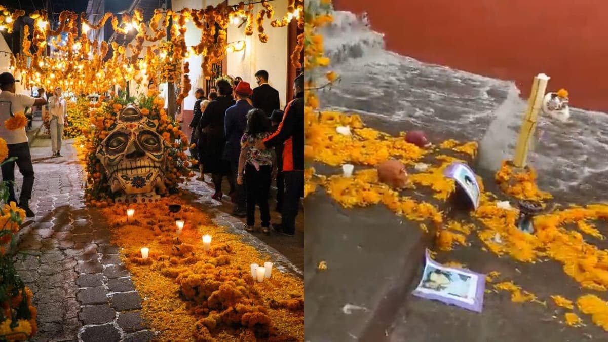 Tardaron más en ponerla: Mega ofrenda en Michoacán es arrastrada por la lluvia