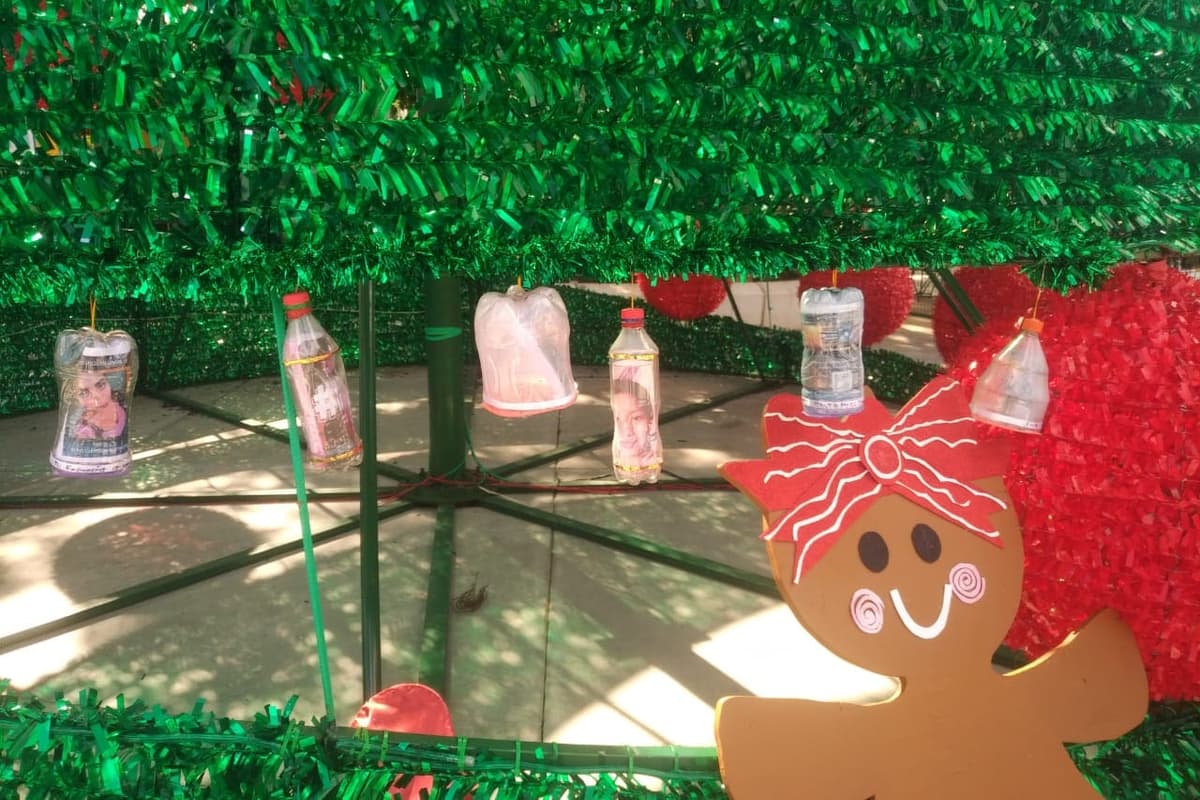 Colocan de nueva cuenta "esferas" de desaparecidos en árbol de Navidad del centro de Cancún