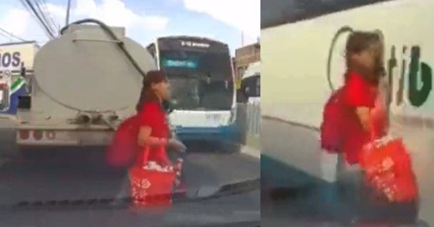 Video: Mujer se estrella contra camión en movimiento al intentar cruzar calle en Guanajuato