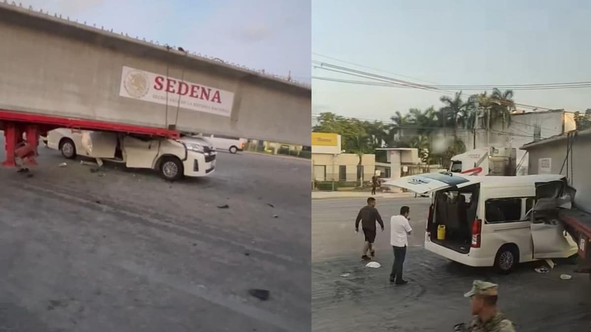 Deja dos personas lesionadas choque de combi con viga de concreto en Puerto Morelos