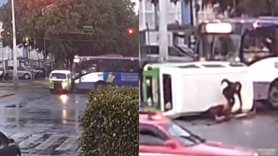 Video: Tras choque, vuelca combi y cae sobre una pasajera