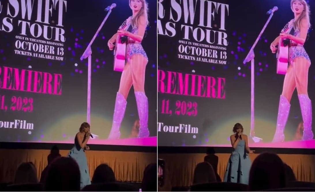 Video: Taylor Swift sorprende a "swifties" en salas de premiere de la película The Eras Tour