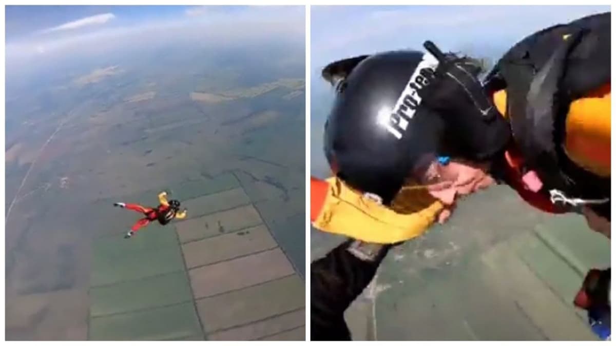 Video: Un instructor salva en caída libre a una mujer que no podía abrir su paracaídas