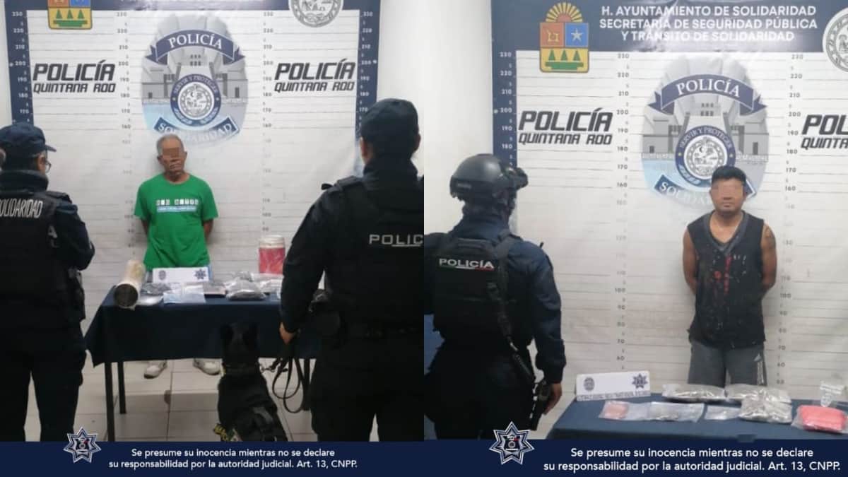 Policía Municipal de Solidaridad asegura a dos sujetos, armas de fuego y posibles narcóticos