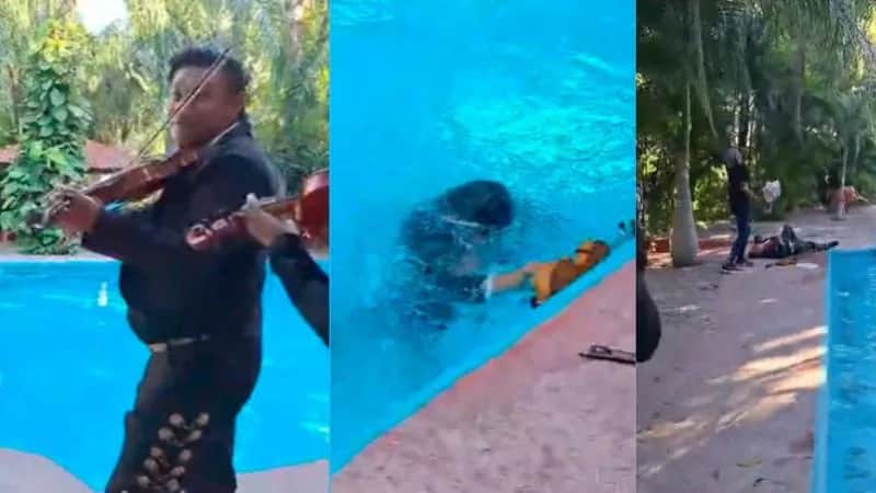 Video: Mariachi cae a alberca en plena serenata sorpresa