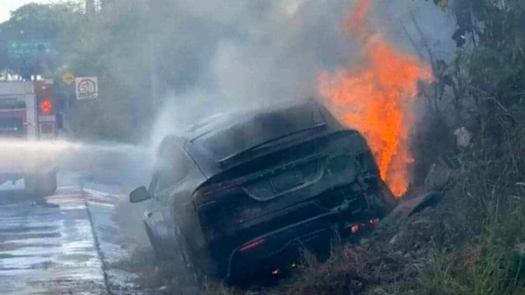 Se incendia un Tesla en Puerto Aventuras; conductor perdió el control y cayó de un puente