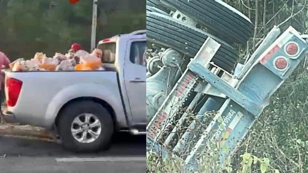 Rapiña tras volcadura de tráiler que transportaba jugos cerca de Chetumal