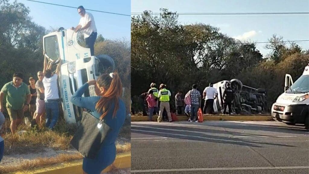 Vuelca una van en la carretera federal 307 en el tramo Playa del Carmen-Tulum; se lesionan 15 personas