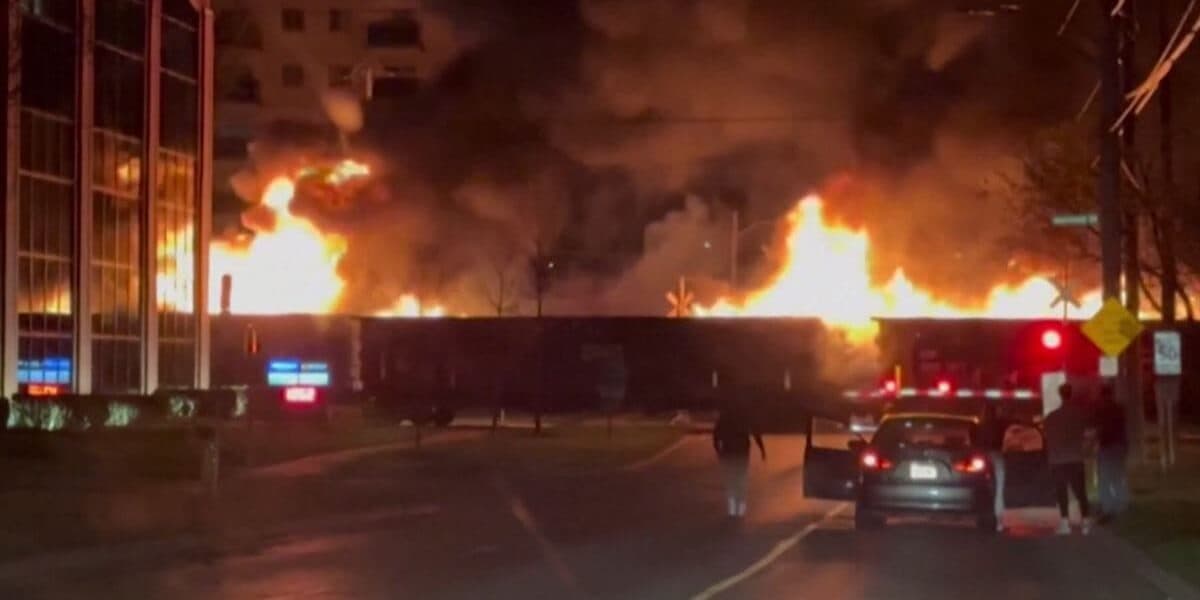 VIDEO: Tren en llamas circula por una ciudad de Canadá