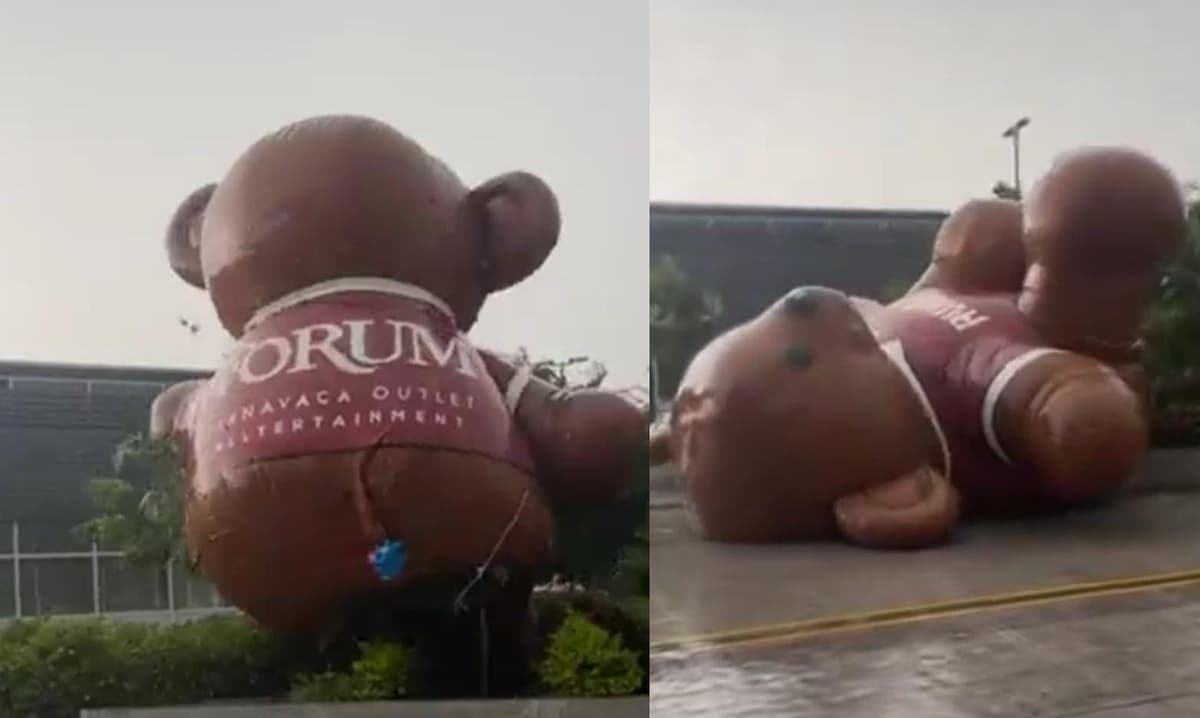 Video: Oso inflable es arrastrado por las lluvias y el viento en Cuernavaca