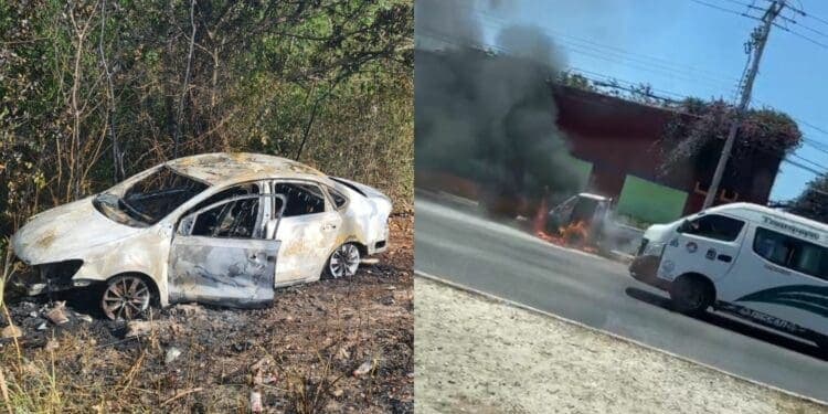 Reportan dos vehículos incendiados en incidentes separados en Cancún; un chofer se salvó del fuego