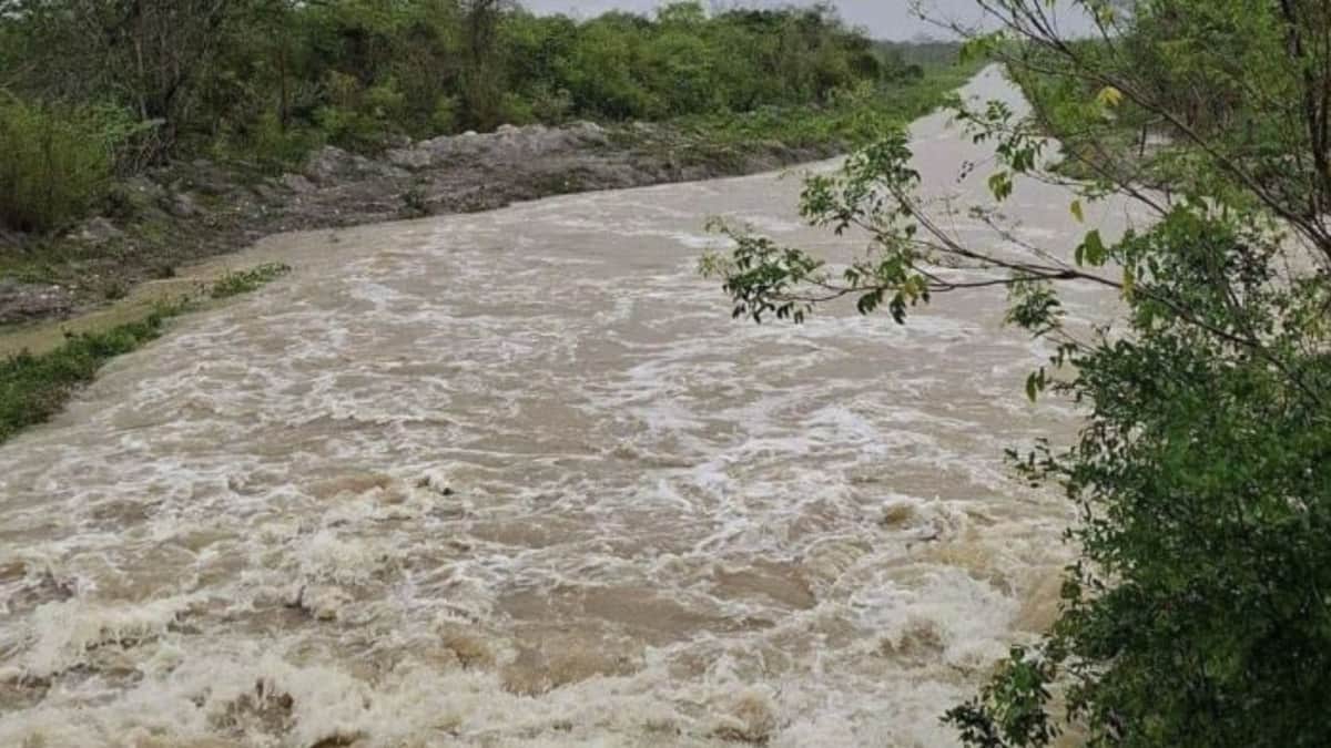 Por intensas lluvias se forma un torrente de agua en la carretera Chetumal-Escárcega