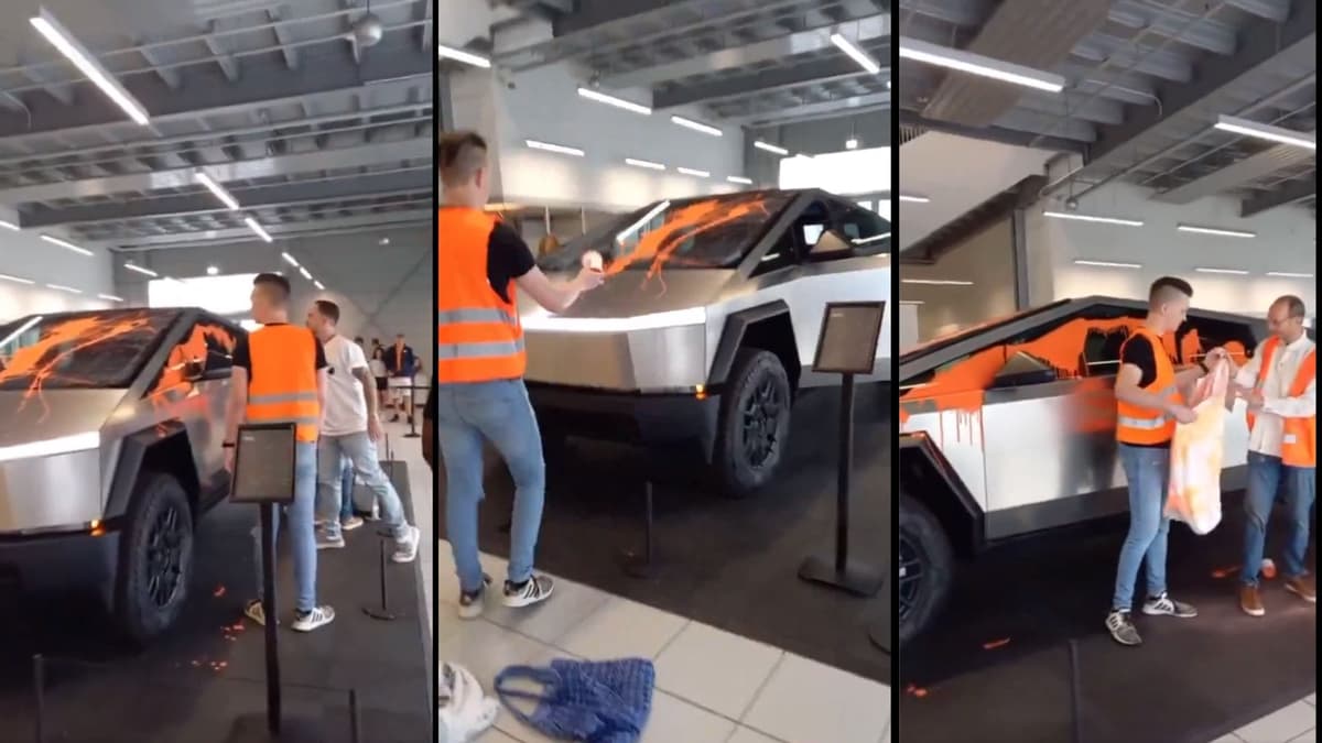 VIDEO: Activistas arrojan pintura a una Cybertruck de Tesla en Hamburgo, Alemania