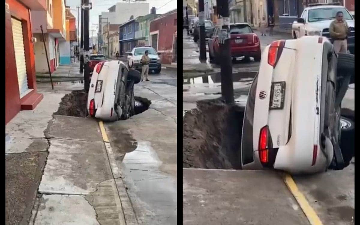Socavón gigante devora un auto en Guanajuato