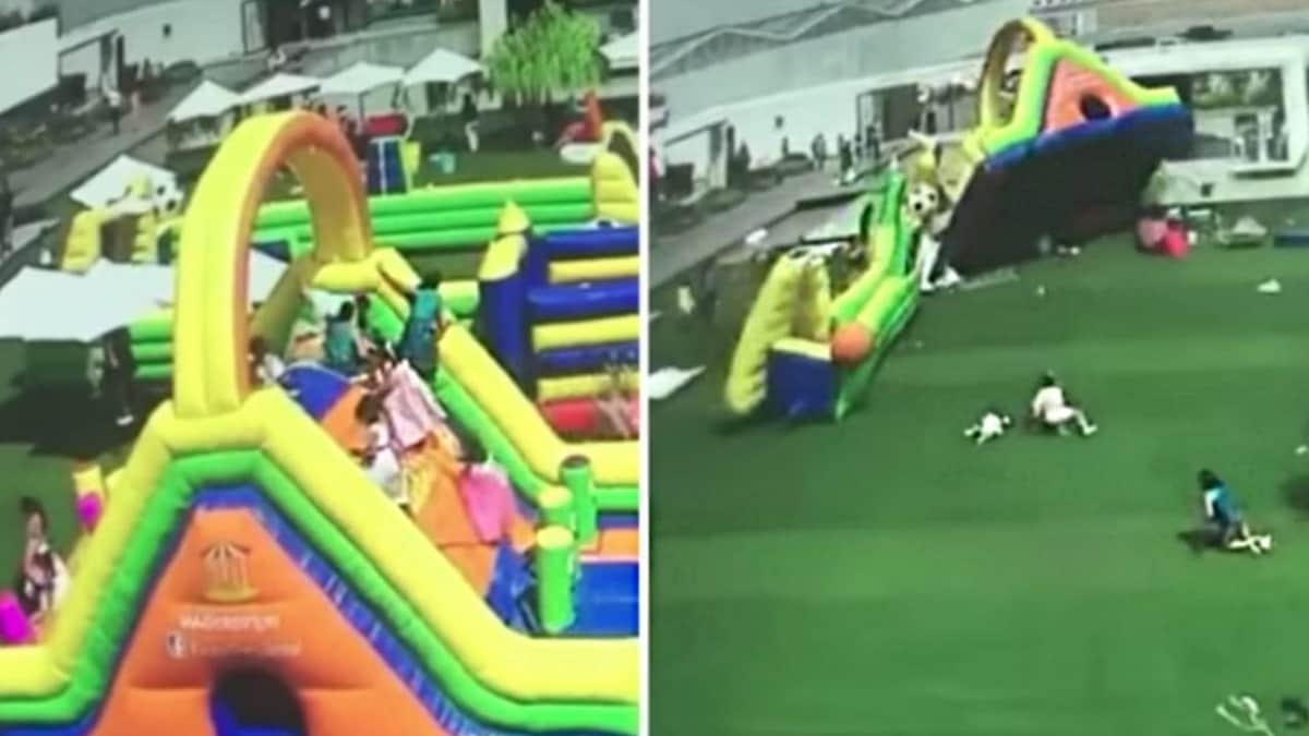 Castillo inflable sale volando con todo y niños; muere menor de 5 años