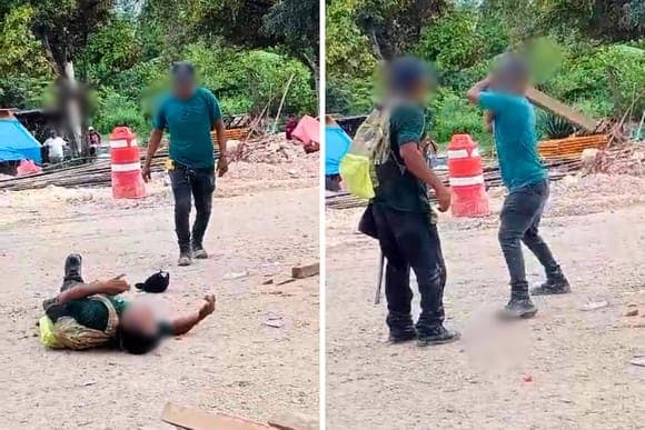 VIDEO: Golpea a una mujer y recibe paliza por trabajadores del Tren Maya en Quintana Roo