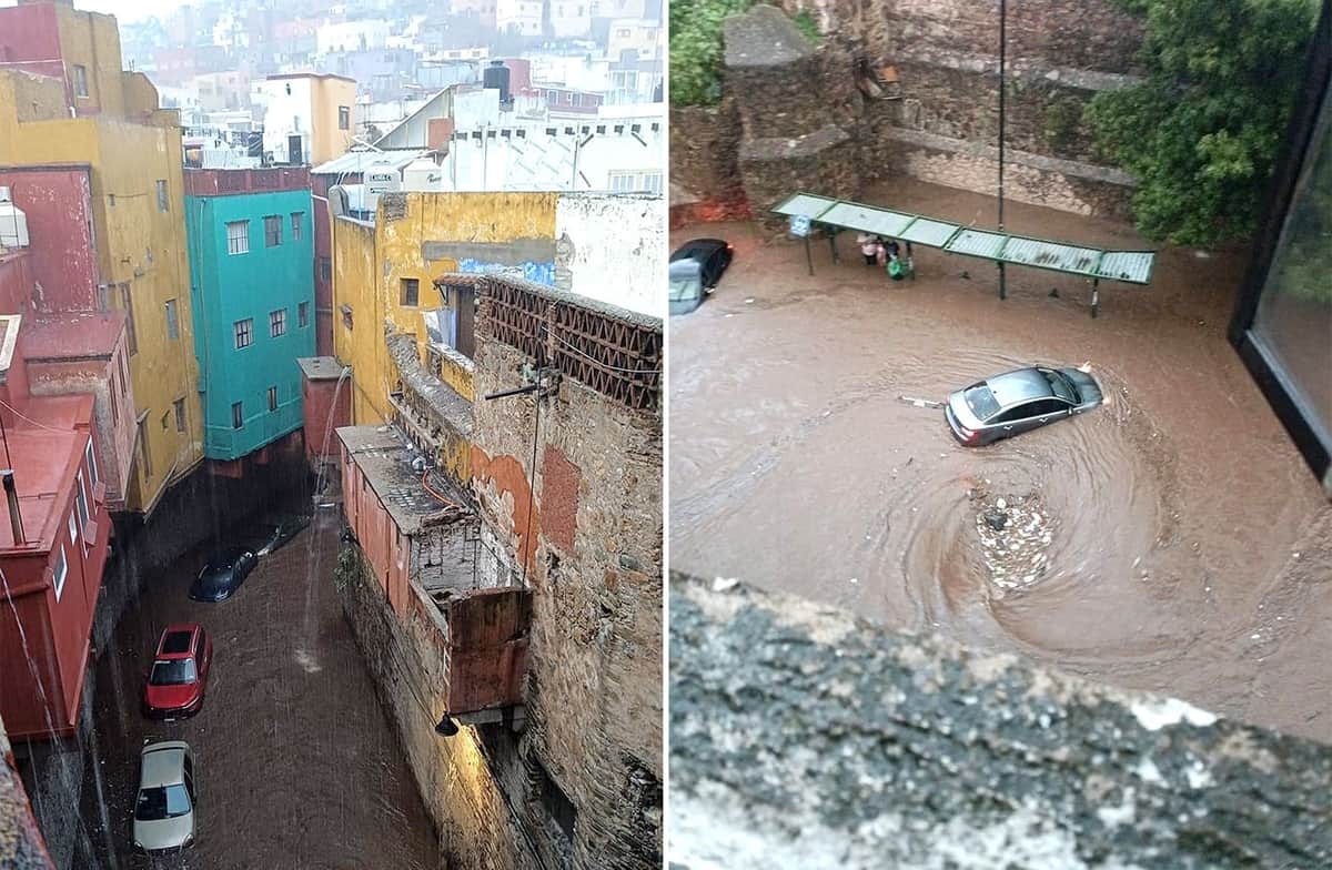 Videos: Tromba inunda calles de Guanajuato y deja a conductores varados