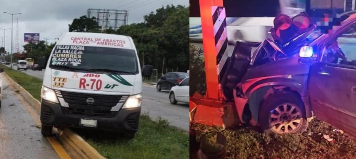 Accidentada mañana en Cancún; camioneta se estrella con semáforo y combi golpea un poste