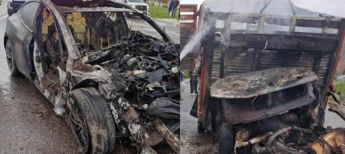 Video: Mueren tres personas calcinadas tras choque entre un Tesla y una camioneta en Tlaxcala