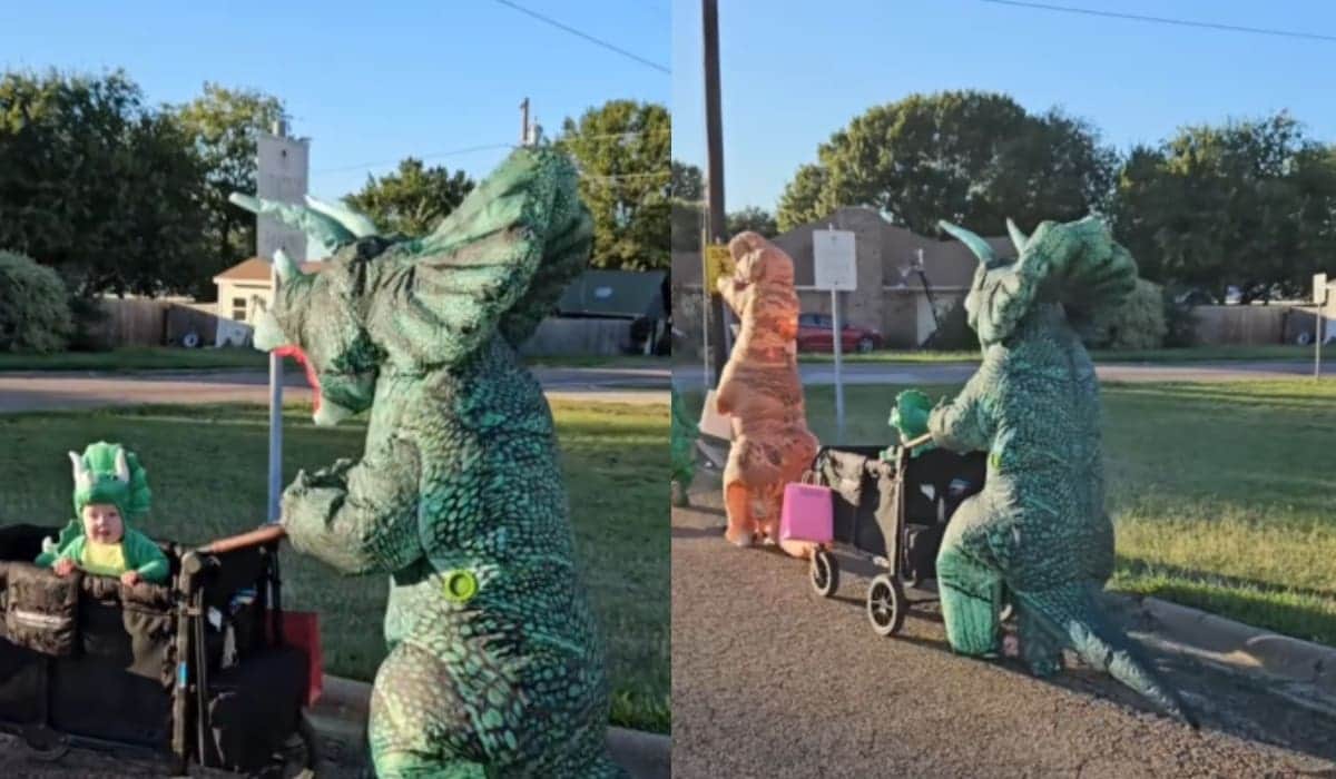 VIDEO: Integrantes de una familia se hacen virales por pasear en la calle disfrazados de dinosaurios