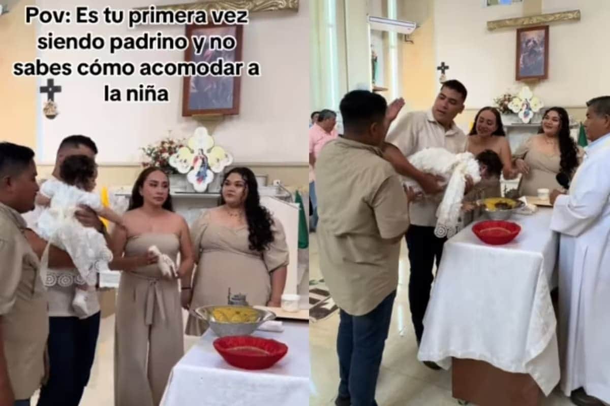 VIDEO: Hombre se hace viral al no saber cómo acomodar a su ahijada para que recibiera el bautismo