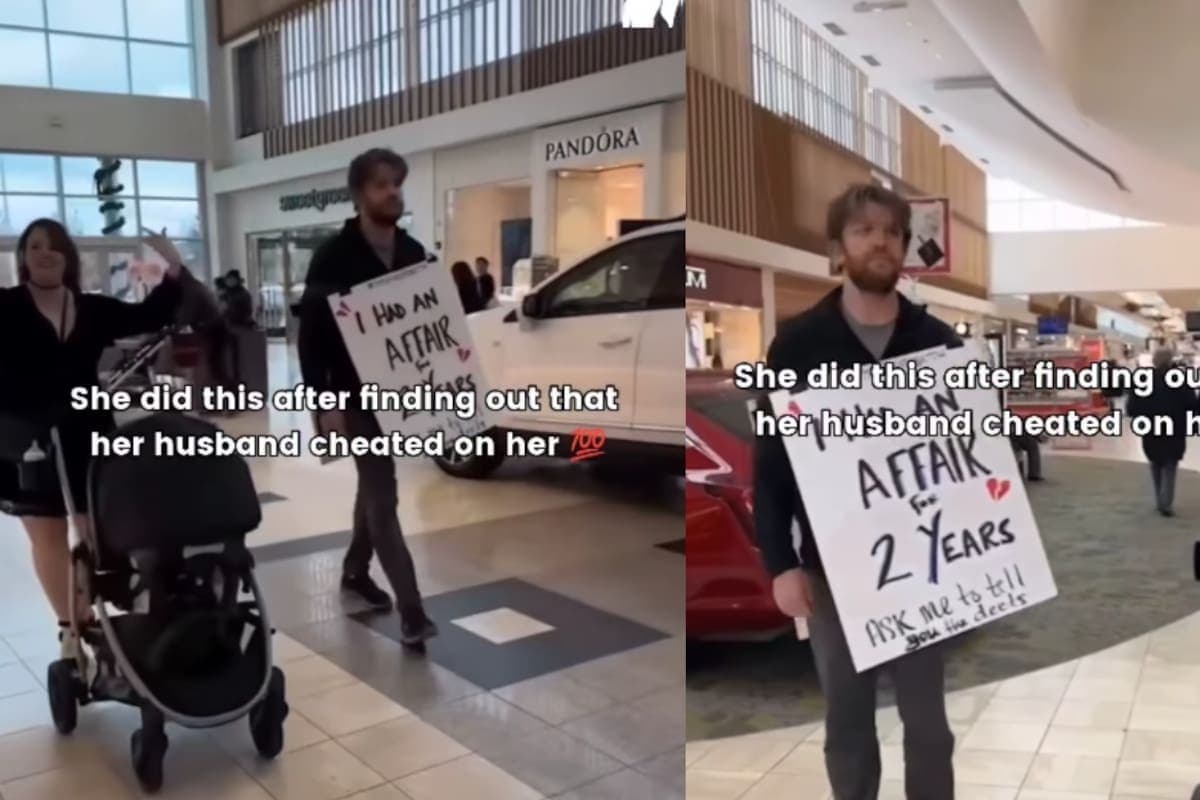 VIDEO: Mujer obliga a su esposo a desfilar con un cartel que confiesa su infidelidad