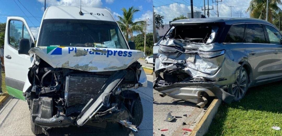 Reportan cinco lesionados en Cancún tras choque entre van de Playa Express y una camioneta