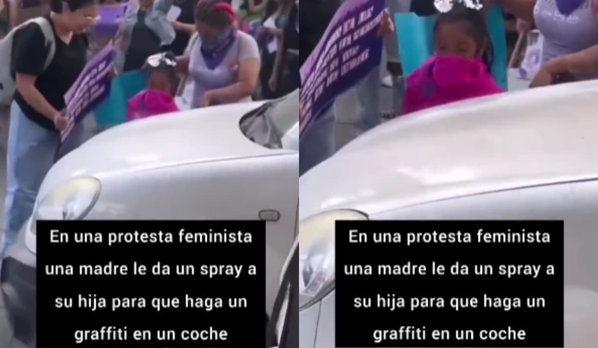 VIDEO: Critican a mujer que le dió a su hija un spray para que pintará un coche en movimiento durante manifestación del 8M