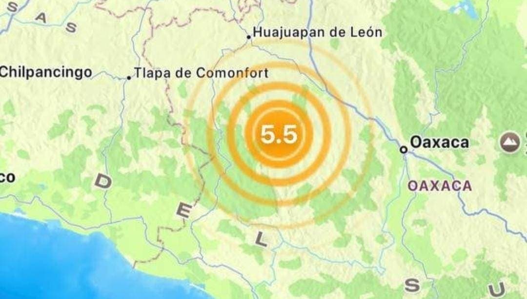 Reportan sismo de magnitud 5.5 con epicentro en Tlaxiaco, Oaxaca