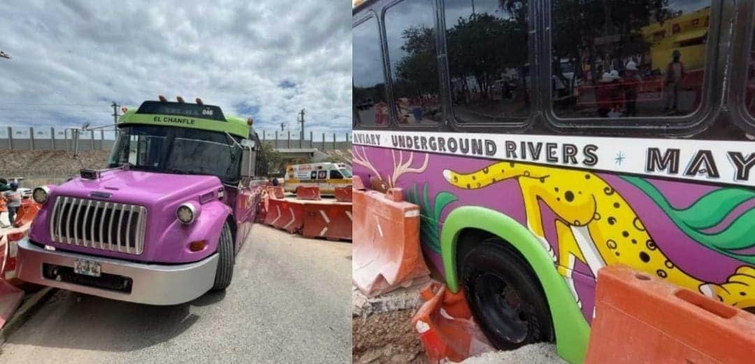 Camión de Xcaret cayó en un bache causado por las obras del Tren Maya en Playa del Carmen